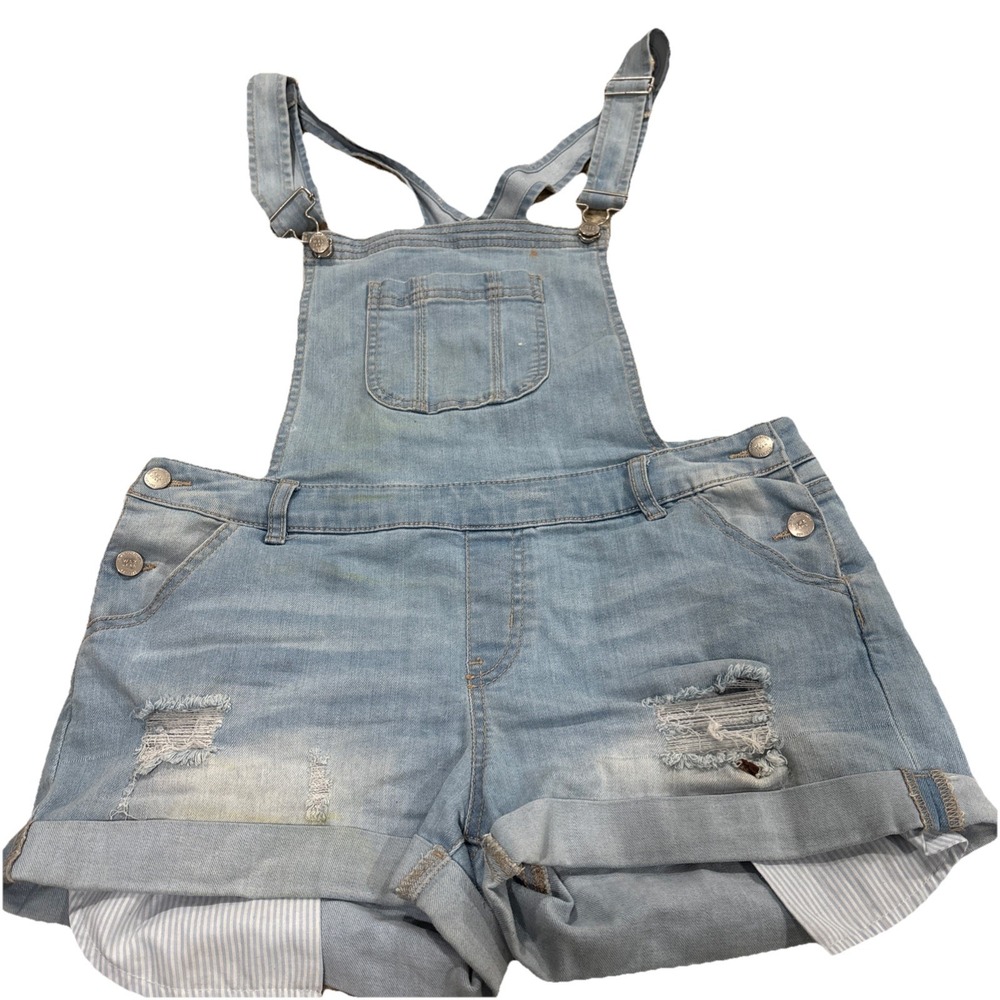 Wax Jean Basic Denim blue Overalls Shorts Distressed Womens L Shreds Adjustable